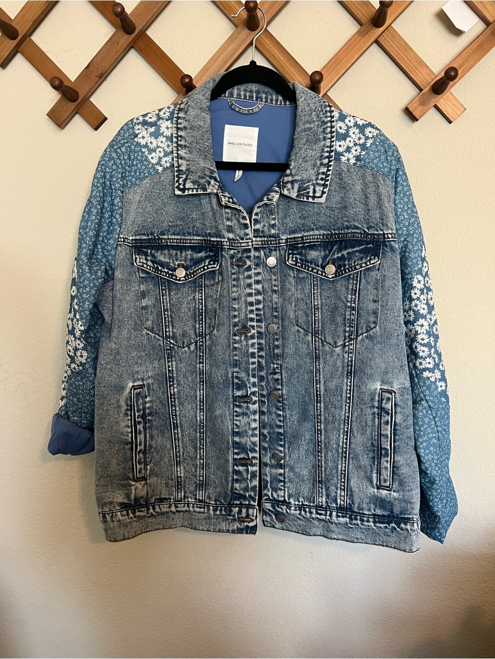 Avec Les Filles Blue Denim Jacket with Floral Blue Sleeves
